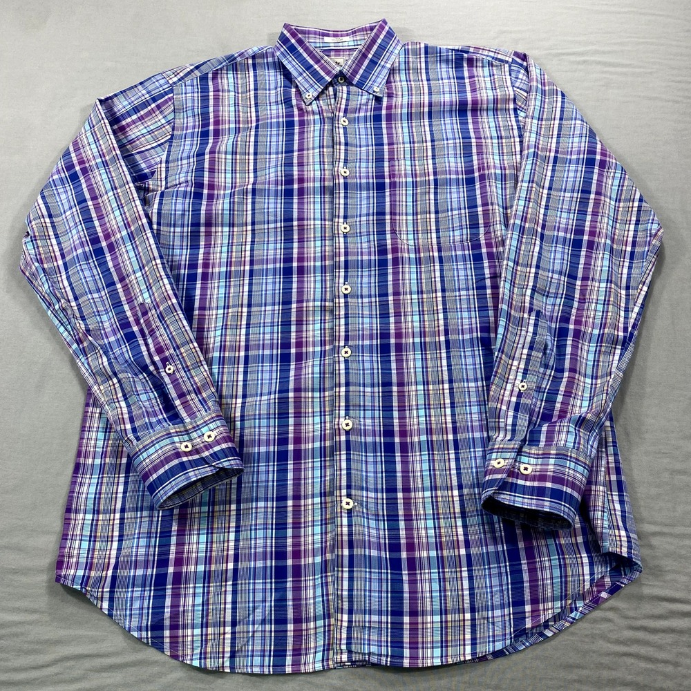 Peter Millar‎ Shirt Adult Large Blue Purple Plaid Button Up Casual Preppy Mens